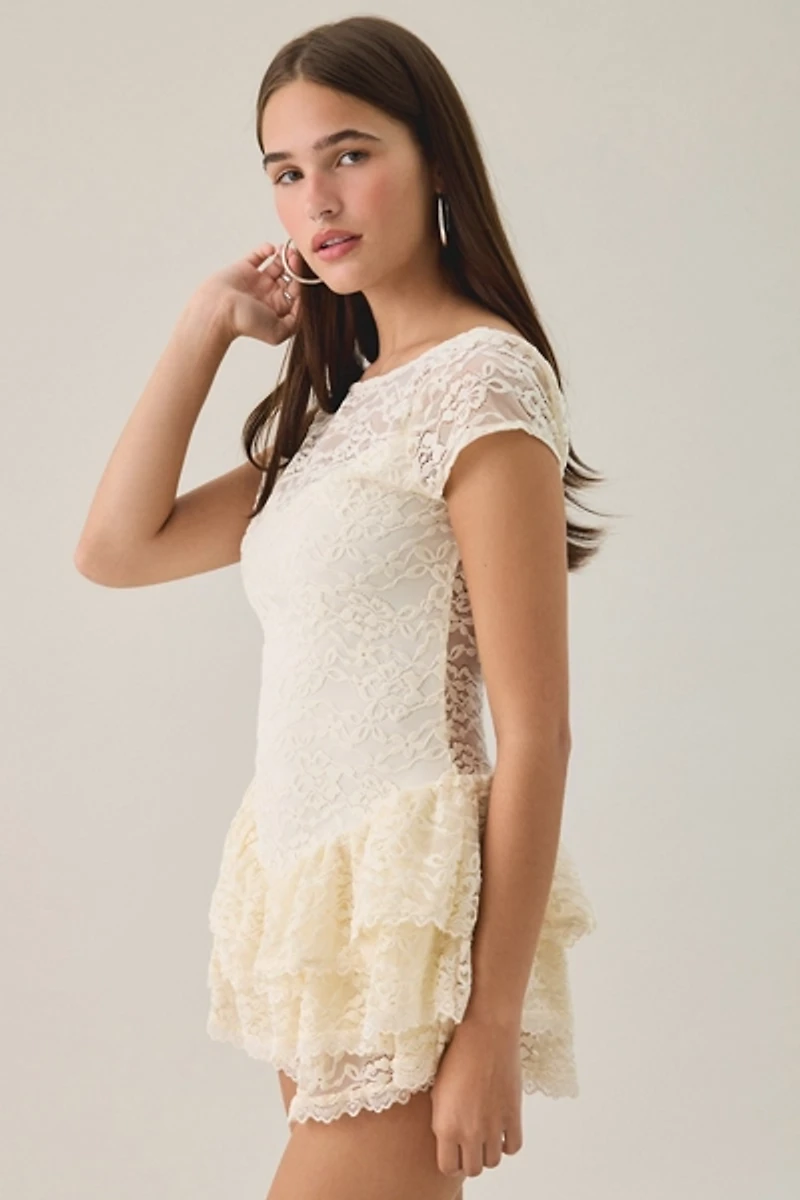 Kimchi Blue Ruffled Up Lace Short Sleeve Romper