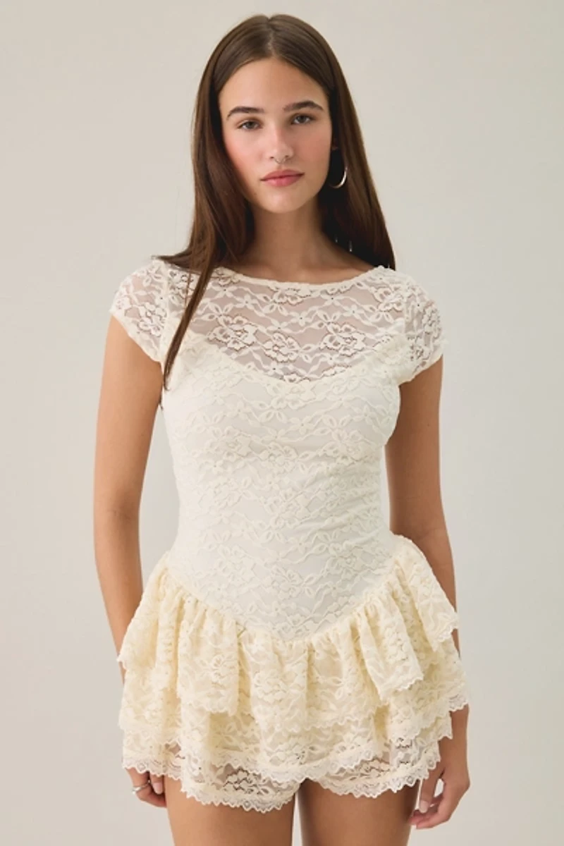 Kimchi Blue Ruffled Up Lace Short Sleeve Romper