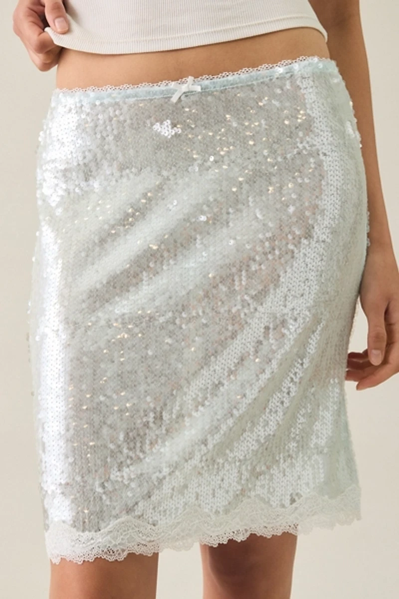Kimchi Blue Sammi Lace Trim Semi-Sheer Sequin Midi Skirt