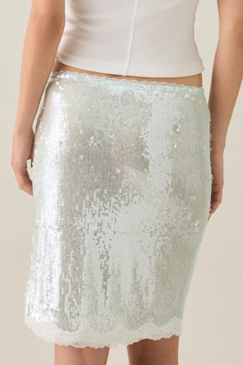 Kimchi Blue Sammi Lace Trim Semi-Sheer Sequin Midi Skirt
