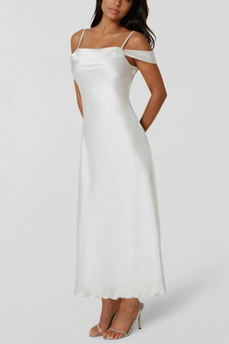 Bebe Drape Shoulder High Slit Satin Dress
