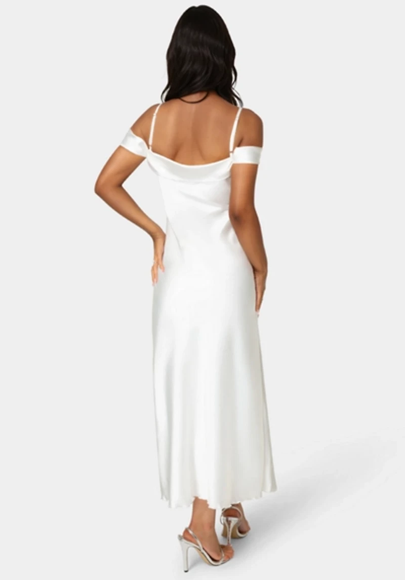 Bebe Drape Shoulder High Slit Satin Dress