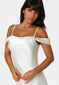 Bebe Drape Shoulder High Slit Satin Dress