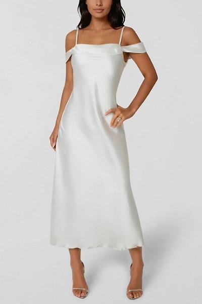 Bebe Drape Shoulder High Slit Satin Dress