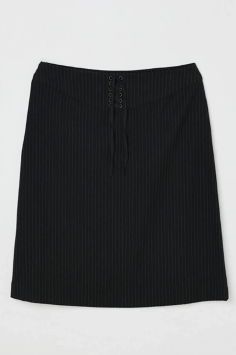 Vintage Y2k Black Pinstriped Lace-Up Midi Skirt