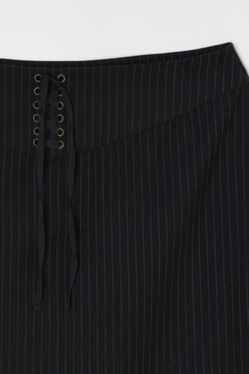 Vintage Y2k Black Pinstriped Lace-Up Midi Skirt