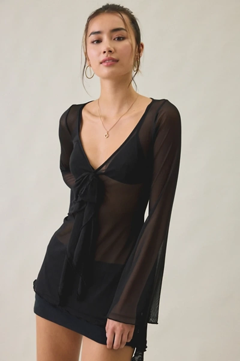Kimchi Blue Maddie Mesh Cascading Ruffle Bell Sleeve Tunic Top