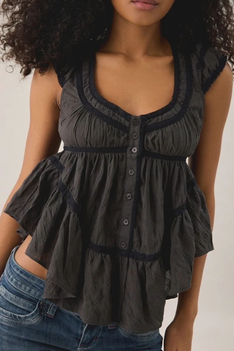BDG Amelia Cotton Lace Trim Cap Sleeve Babydoll Top