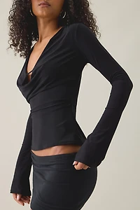 Kimchi Blue Ally Plunging Cowl Neck Keyhole Long Sleeve Top