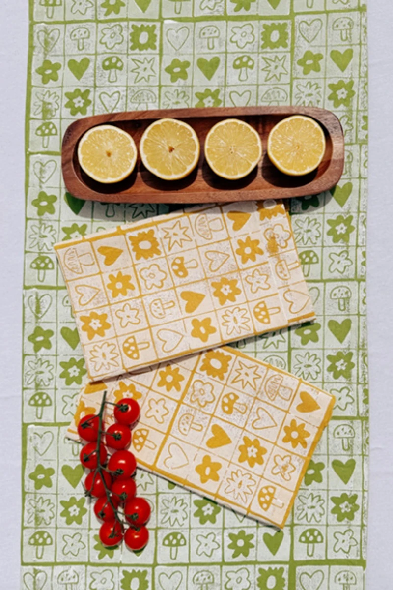Julie Peach Block Printed Garden Squares Table Runner