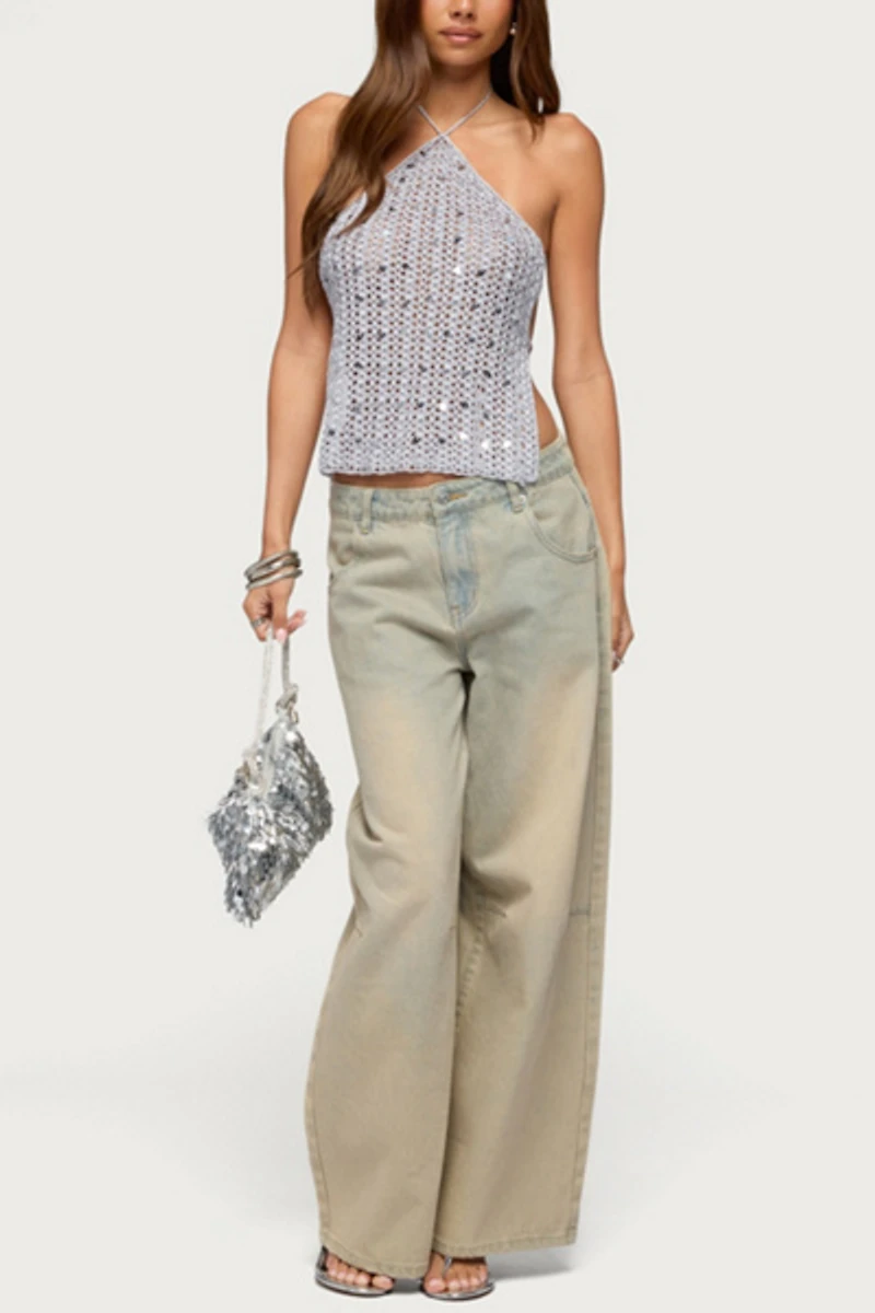 Edikted Thaly Backless Sequin Crochet Halter Top