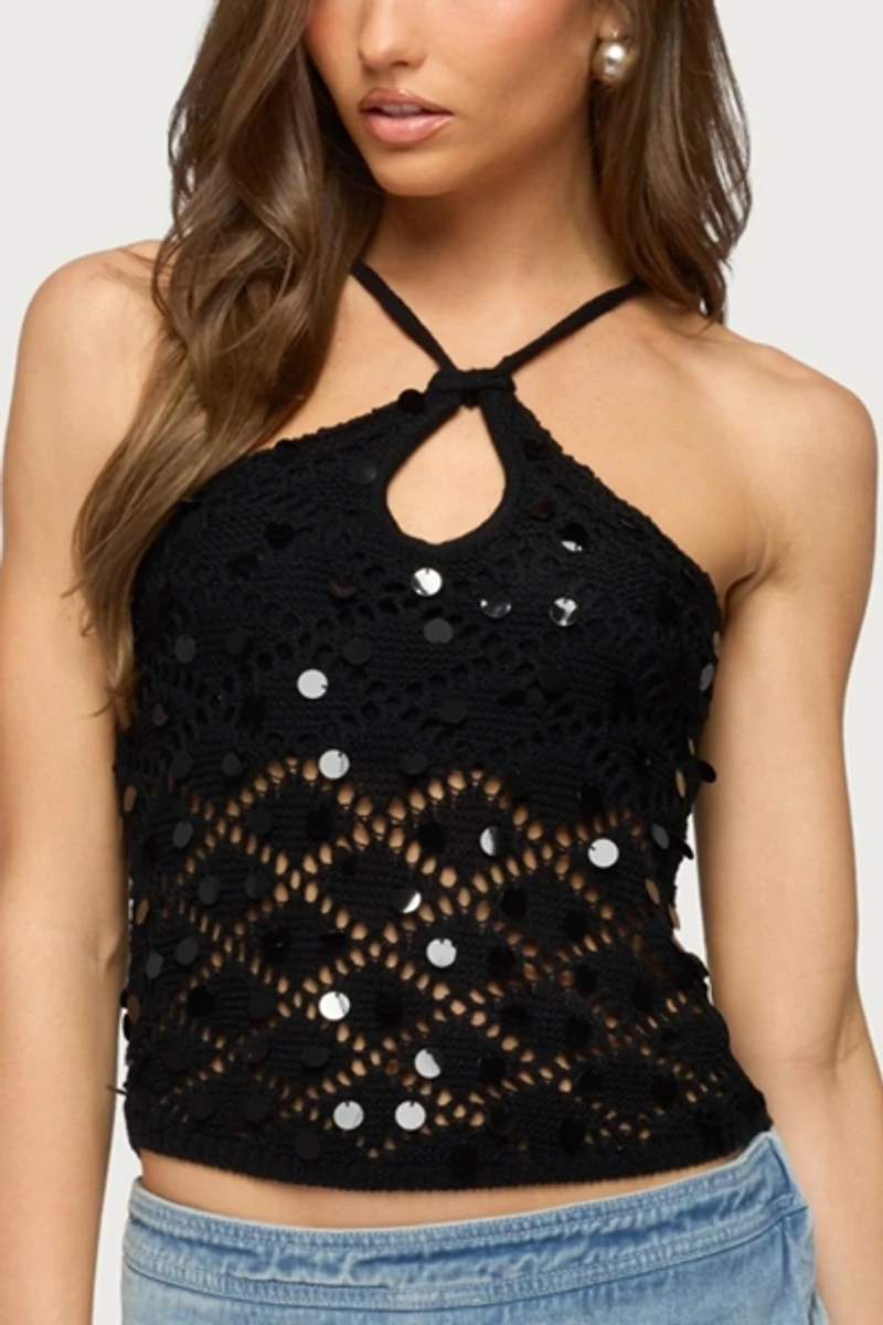 Edikted Mae Open Back Sequin Crochet Top