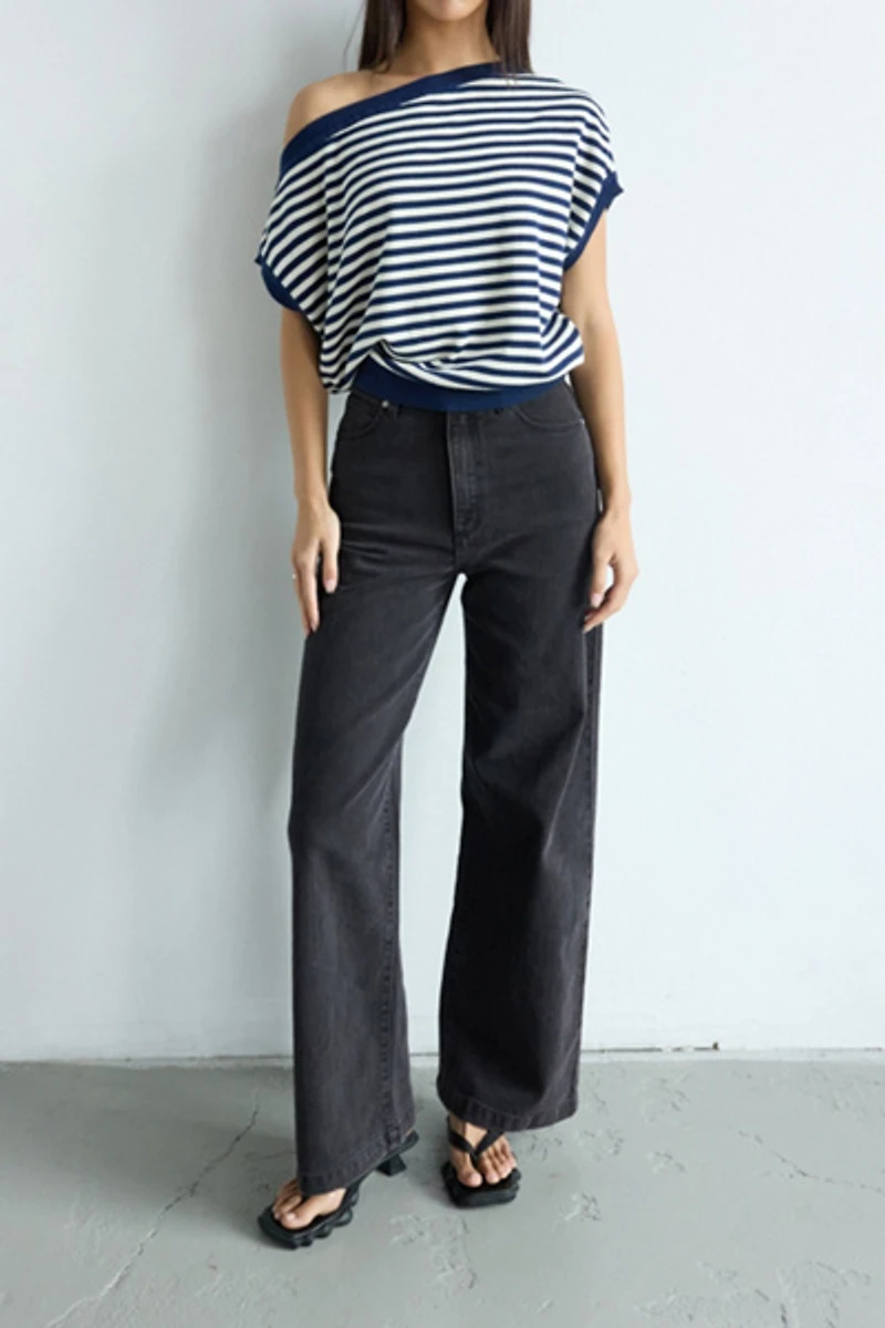 Abrand Striped Cold Shoulder Knit Top
