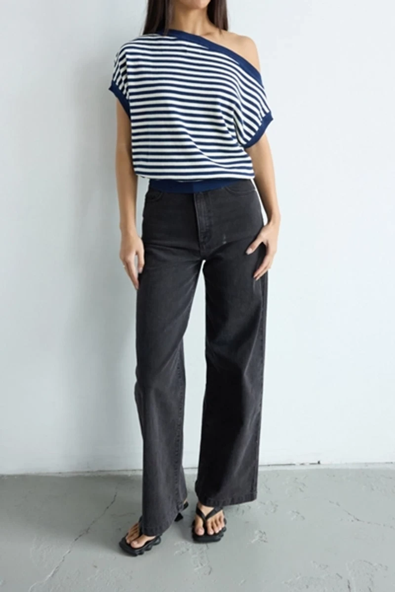 Abrand Striped Cold Shoulder Knit Top