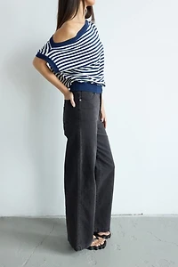 Abrand Striped Cold Shoulder Knit Top