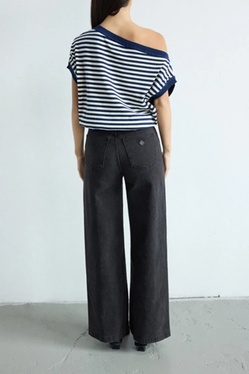 Abrand Striped Cold Shoulder Knit Top