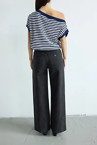 Abrand Striped Cold Shoulder Knit Top