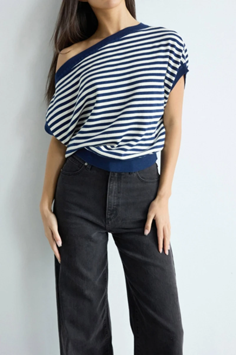 Abrand Striped Cold Shoulder Knit Top