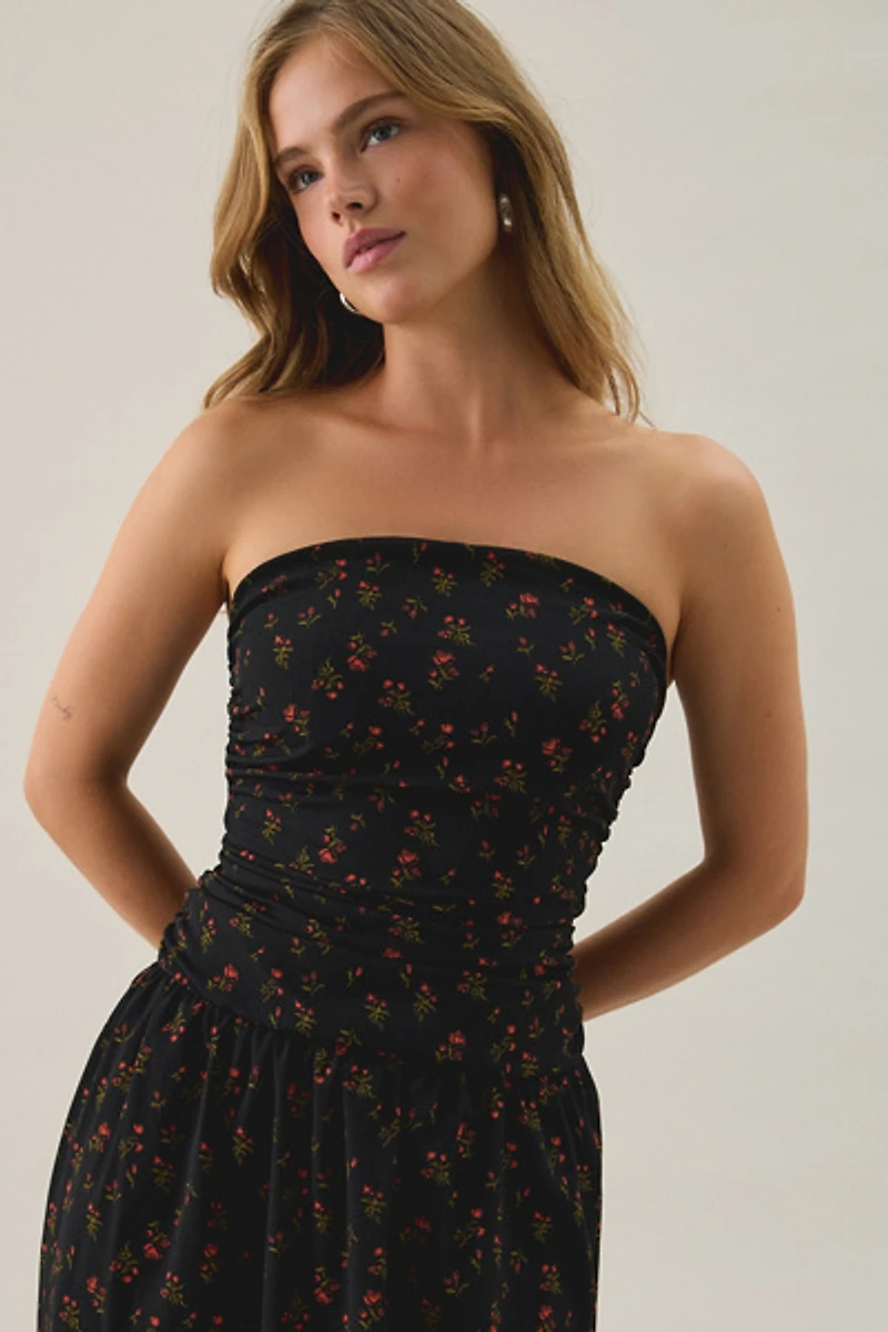 Lulus Molly Floral Ruched Bodice Strapless Midi Dress