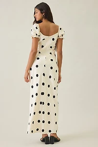 Lulus Keaton Polka Dot Puff Sleeve Satin Maxi Dress