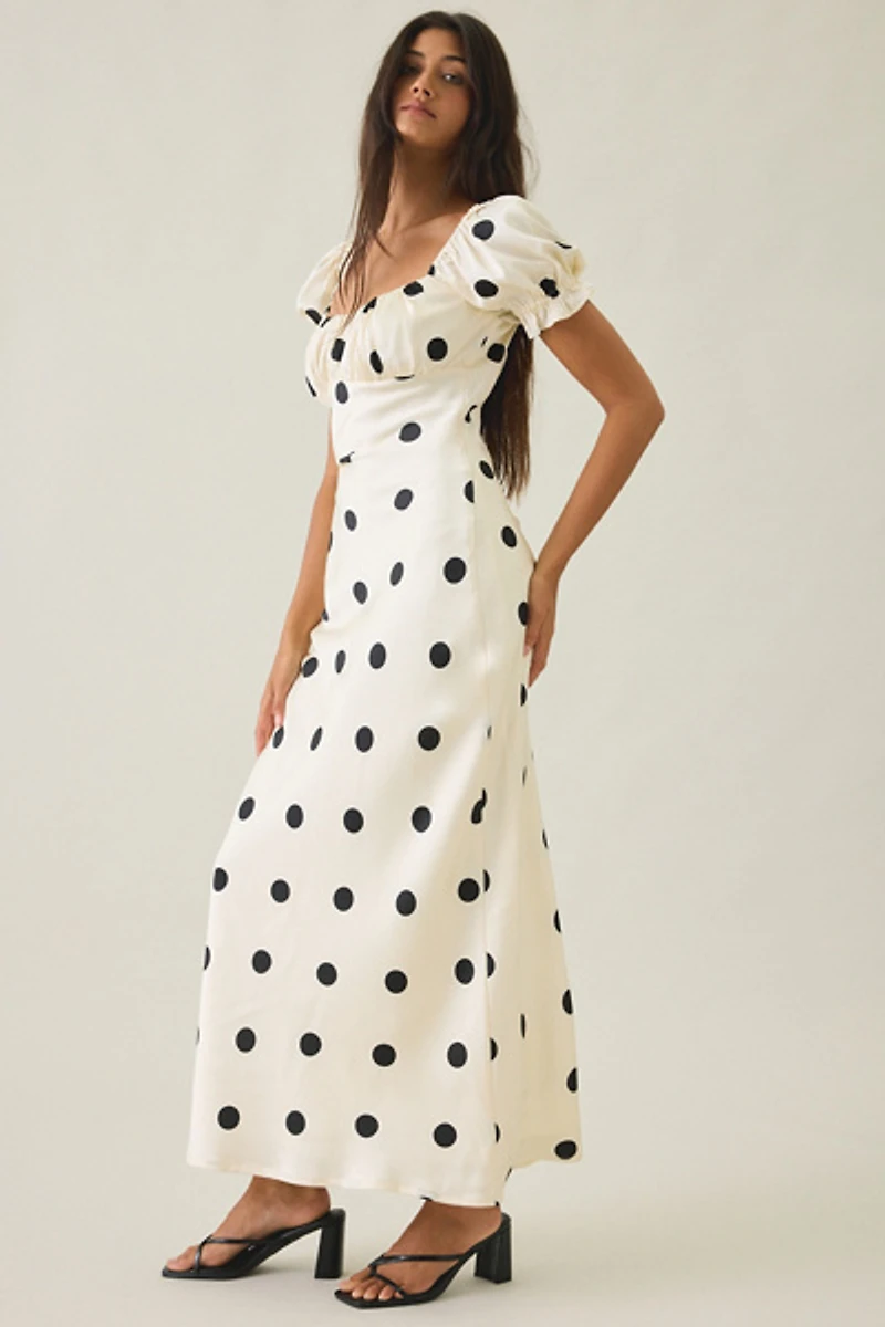 Lulus Keaton Polka Dot Puff Sleeve Satin Maxi Dress
