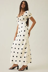 Lulus Keaton Polka Dot Puff Sleeve Satin Maxi Dress