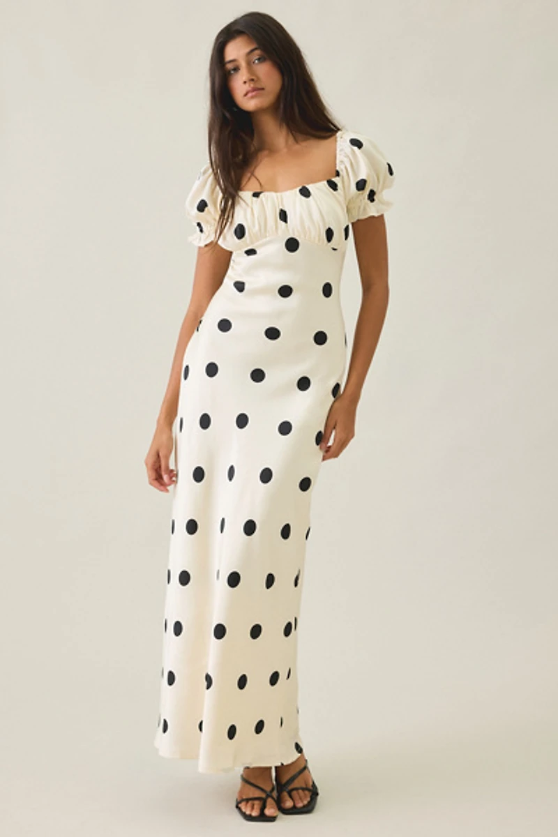 Lulus Keaton Polka Dot Puff Sleeve Satin Maxi Dress