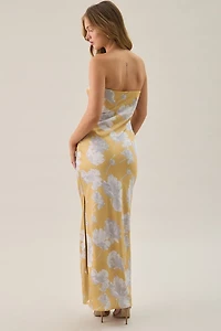 Lulus Whitney Floral Satin Strapless Maxi Dress