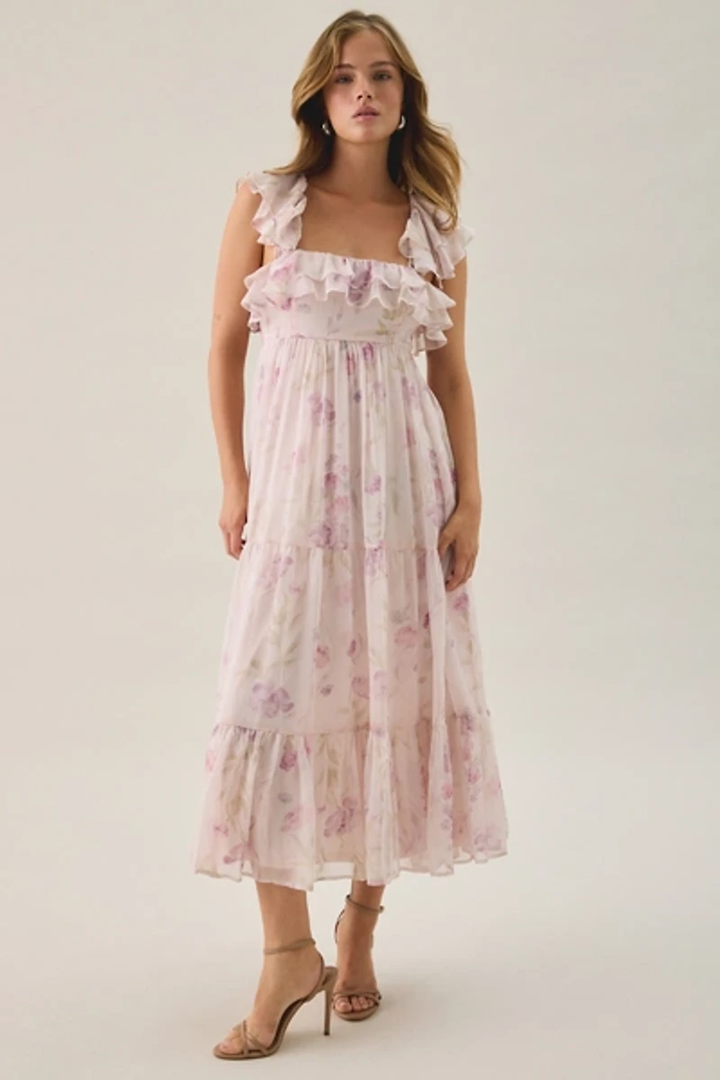 Lulus Diedre Ruffle Tiered Floral Cut-Out Chiffon Maxi Dress