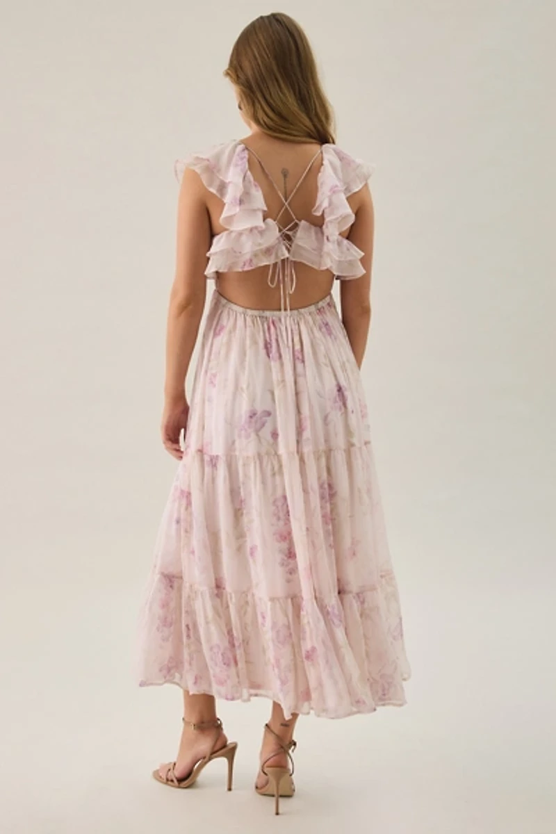 Lulus Diedre Ruffle Tiered Floral Cut-Out Chiffon Maxi Dress