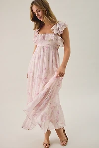 Lulus Diedre Ruffle Tiered Floral Cut-Out Chiffon Maxi Dress