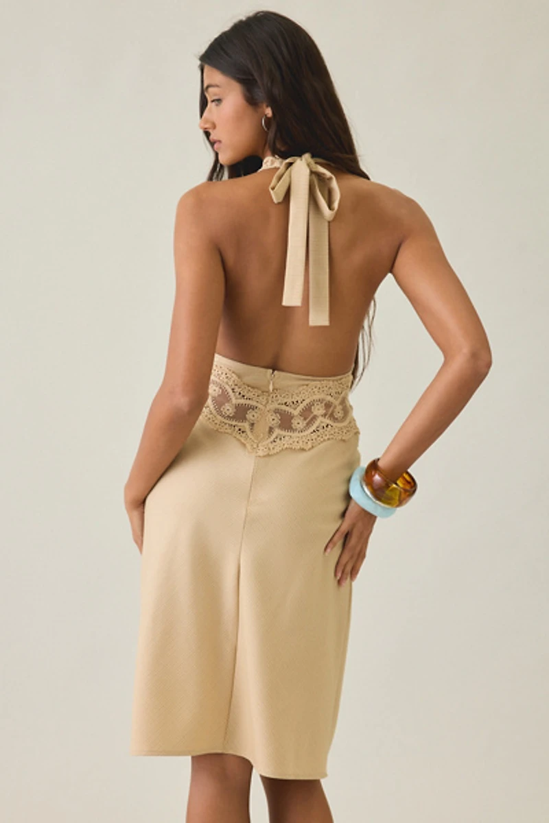 Lioness Solana Sheer Lace + Satin Halter Midi Dress