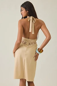 Lioness Solana Sheer Lace + Satin Halter Midi Dress