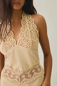 Lioness Solana Sheer Lace + Satin Halter Midi Dress