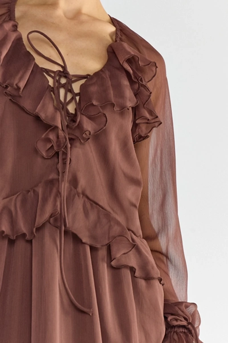 Glamorous Cascading Ruffle Chiffon Long Sleeve Maxi Dress