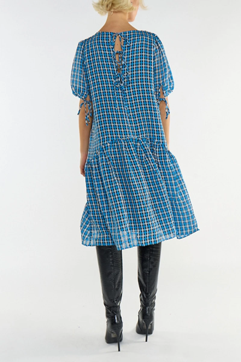 Glamorous Plaid Puff Sleeve Drop Waist Trapeze Midi Dress