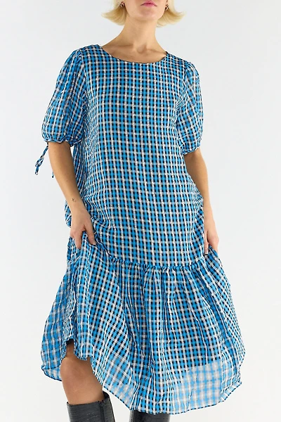 Glamorous Plaid Puff Sleeve Drop Waist Trapeze Midi Dress