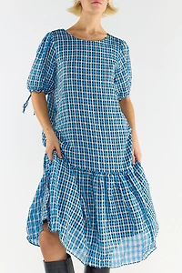 Glamorous Plaid Puff Sleeve Drop Waist Trapeze Midi Dress