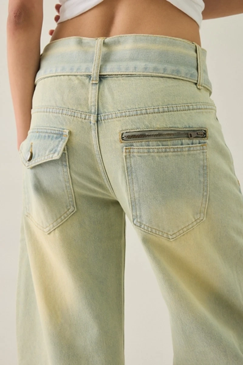 Lioness Dynasty Belted Low-Rise Barrel Leg Jeans