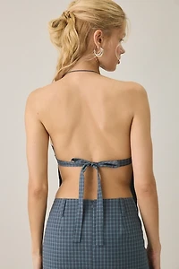 Lioness Play On Plaid Open-Back Halter Scarf Top