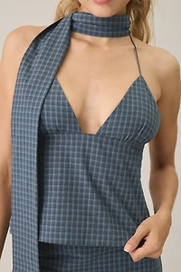 Lioness Play On Plaid Open-Back Halter Scarf Top