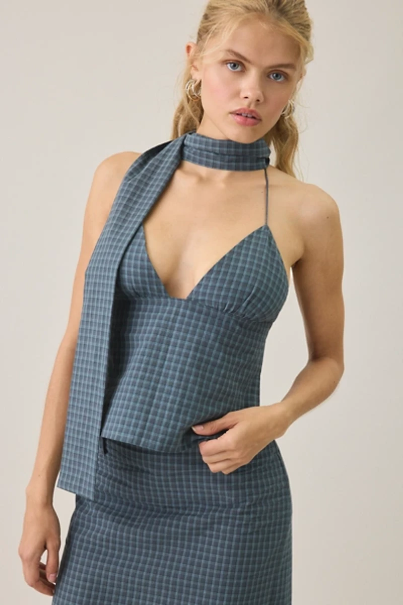 Lioness Play On Plaid Open-Back Halter Scarf Top