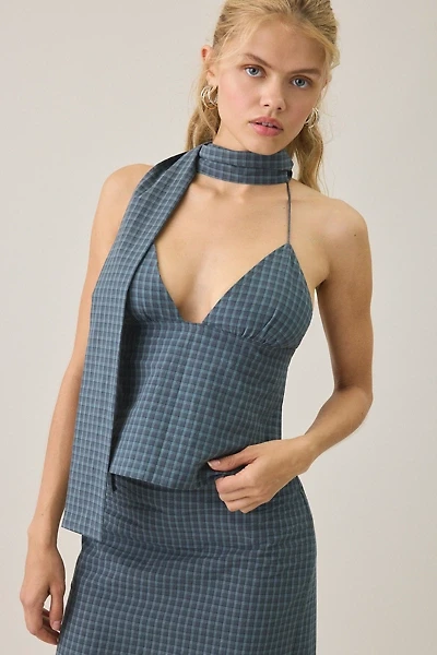 Lioness Play On Plaid Open-Back Halter Scarf Top