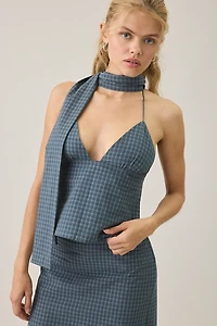 Lioness Play On Plaid Open-Back Halter Scarf Top
