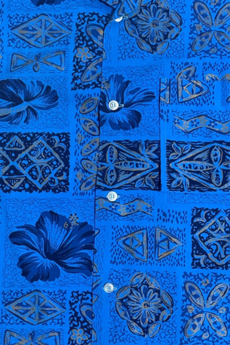 Vintage 1960's Blue Tropical Print Collar Shirt