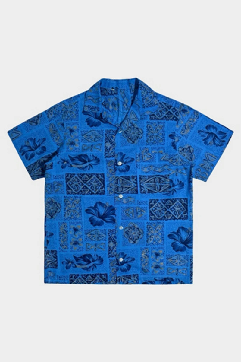 Vintage 1960's Blue Tropical Print Collar Shirt