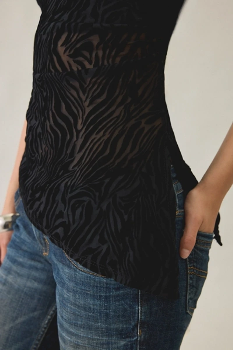 UO Afterparty Zebra Burnout Mesh Asymmetric Side-Slit Tube Top