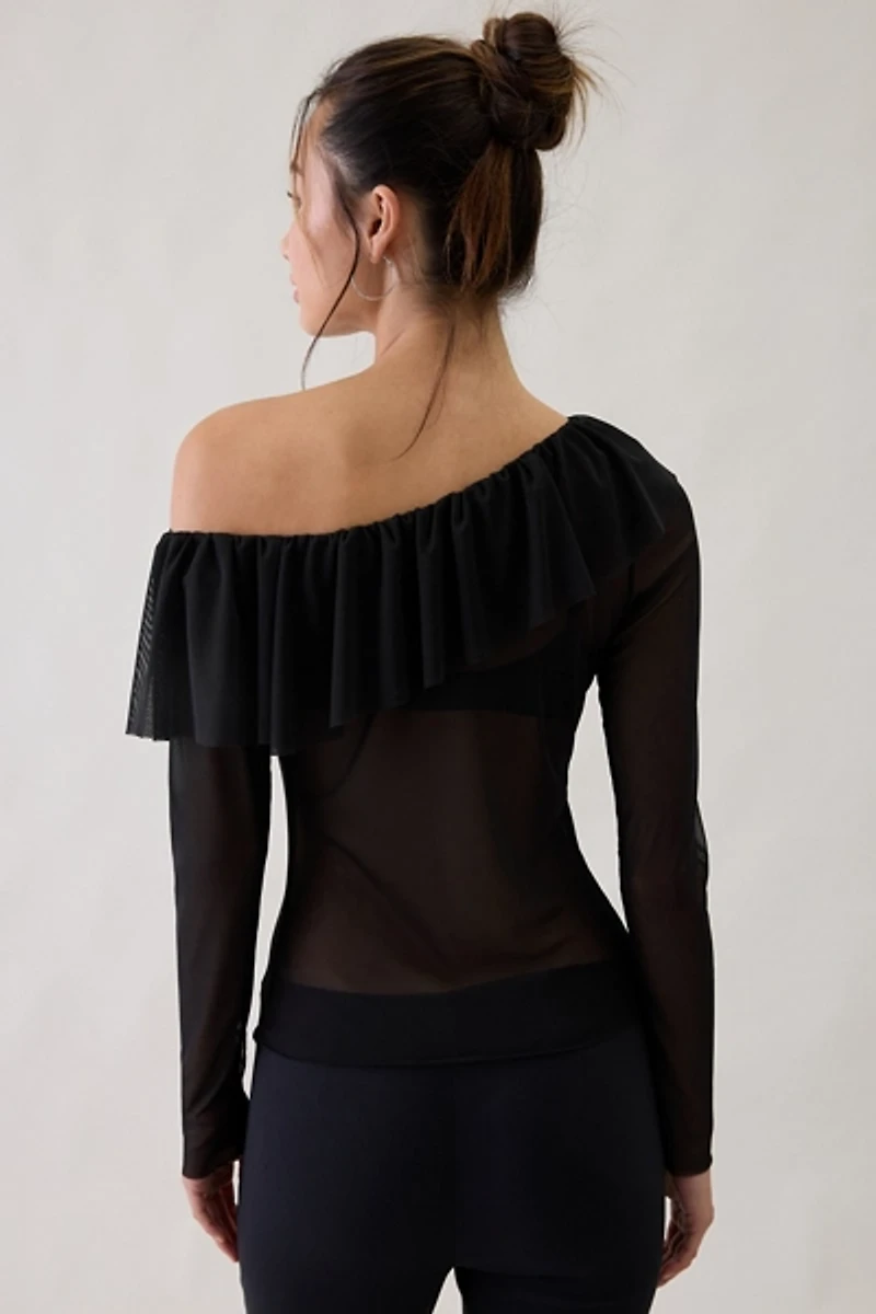 Kimchi Blue Ciara Mesh Asymmetric Ruffle Off-The-Shoulder Top
