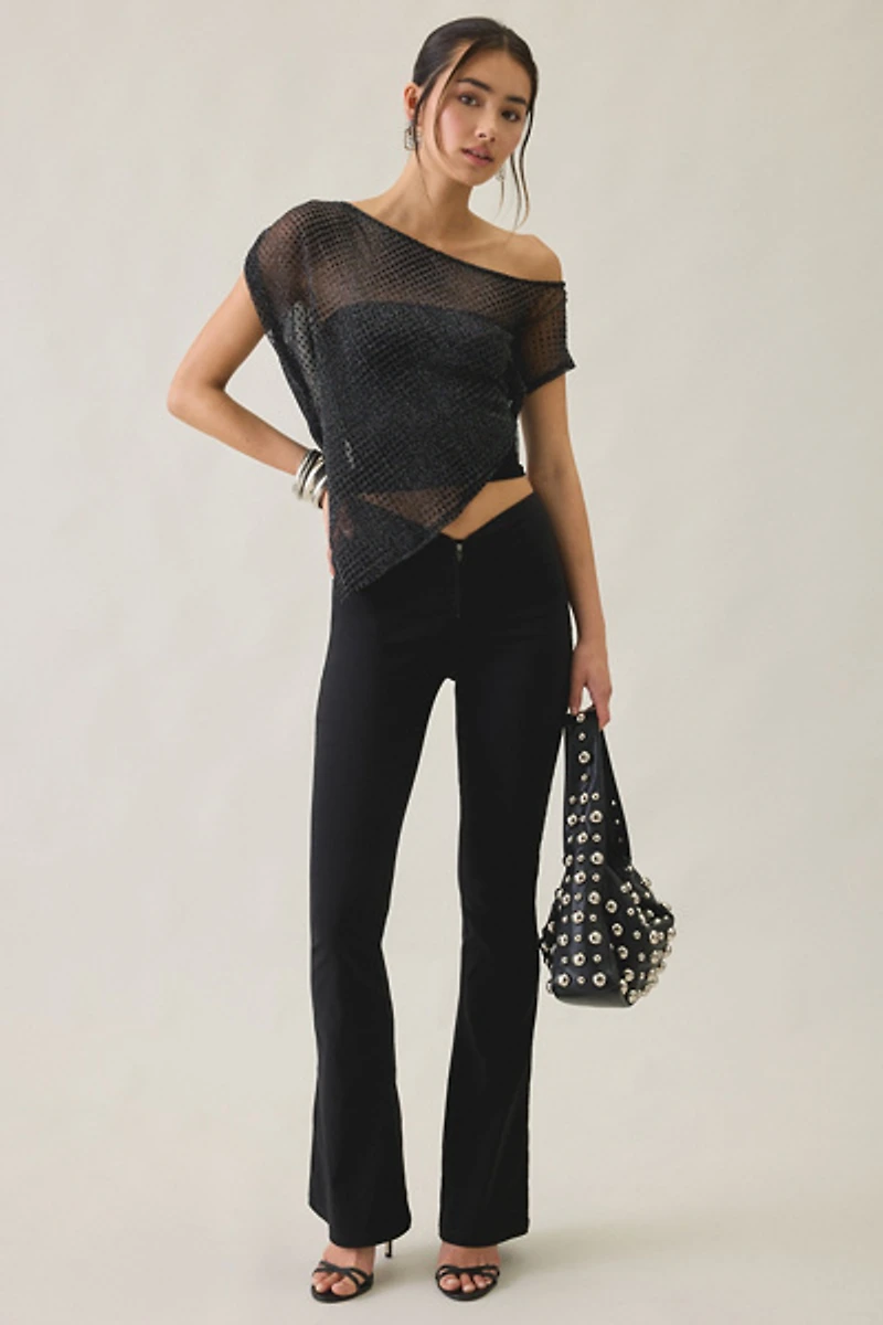 UO Bia Shine Flocked Dot Mesh Asymmetric Off-The-Shoulder Poncho
