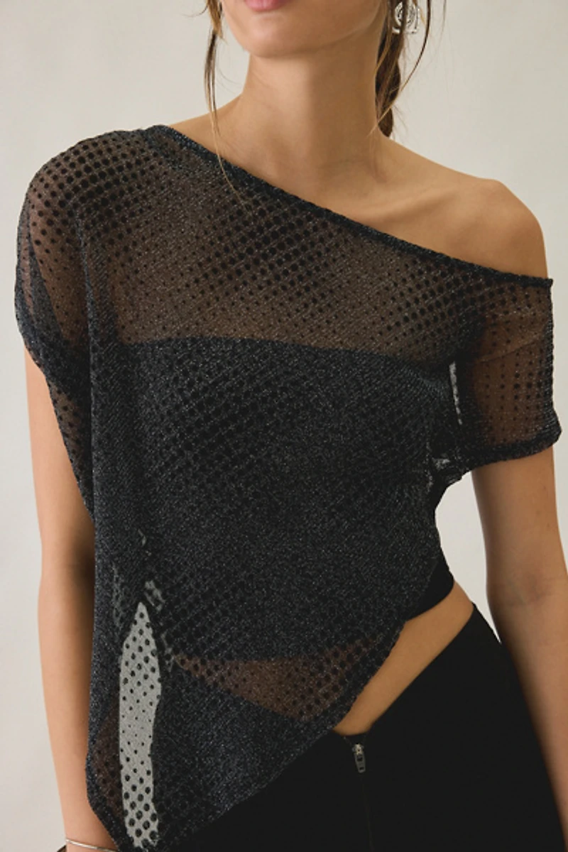 UO Bia Shine Flocked Dot Mesh Asymmetric Off-The-Shoulder Poncho